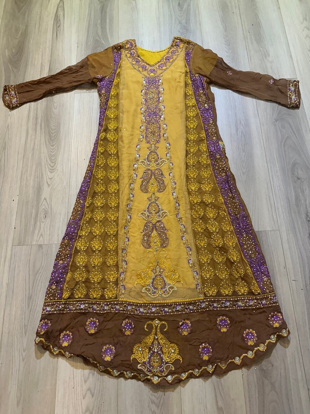 Pakistani Embroidered Kameez Anarkali Dress Yellow Purple Festive Large M